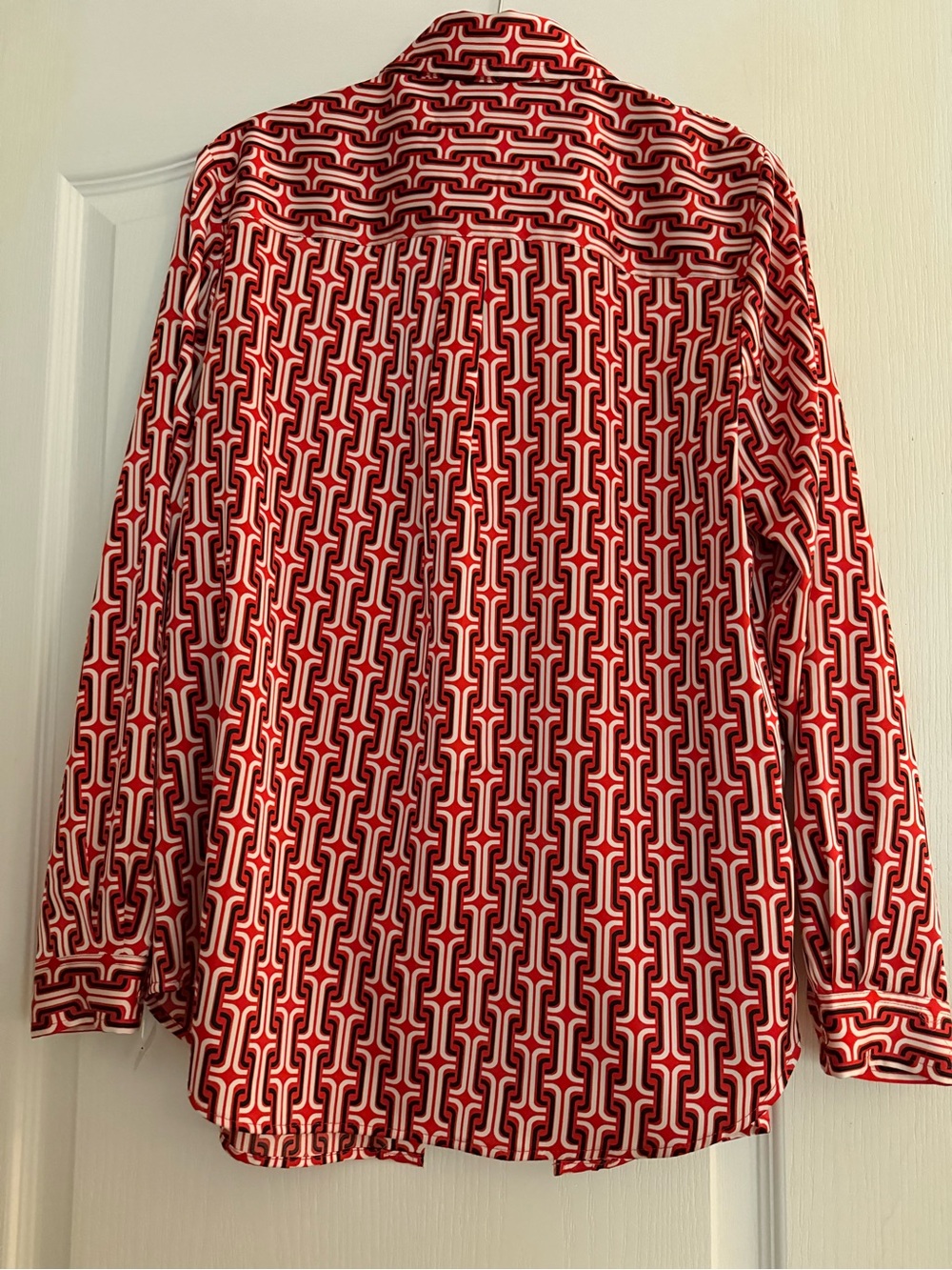 Anne Klein Red and White Geometric Tie-Neck Blouse - Picture 2 of 2